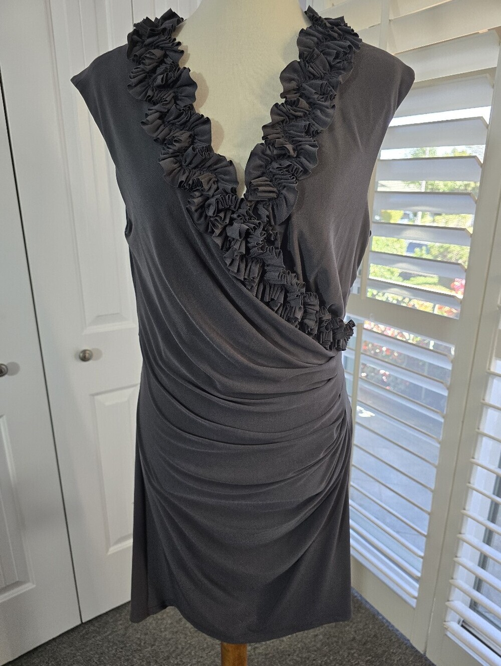 Maggy London Faux Wrap Dress With Side Draped Ruching In Charcoal Gray